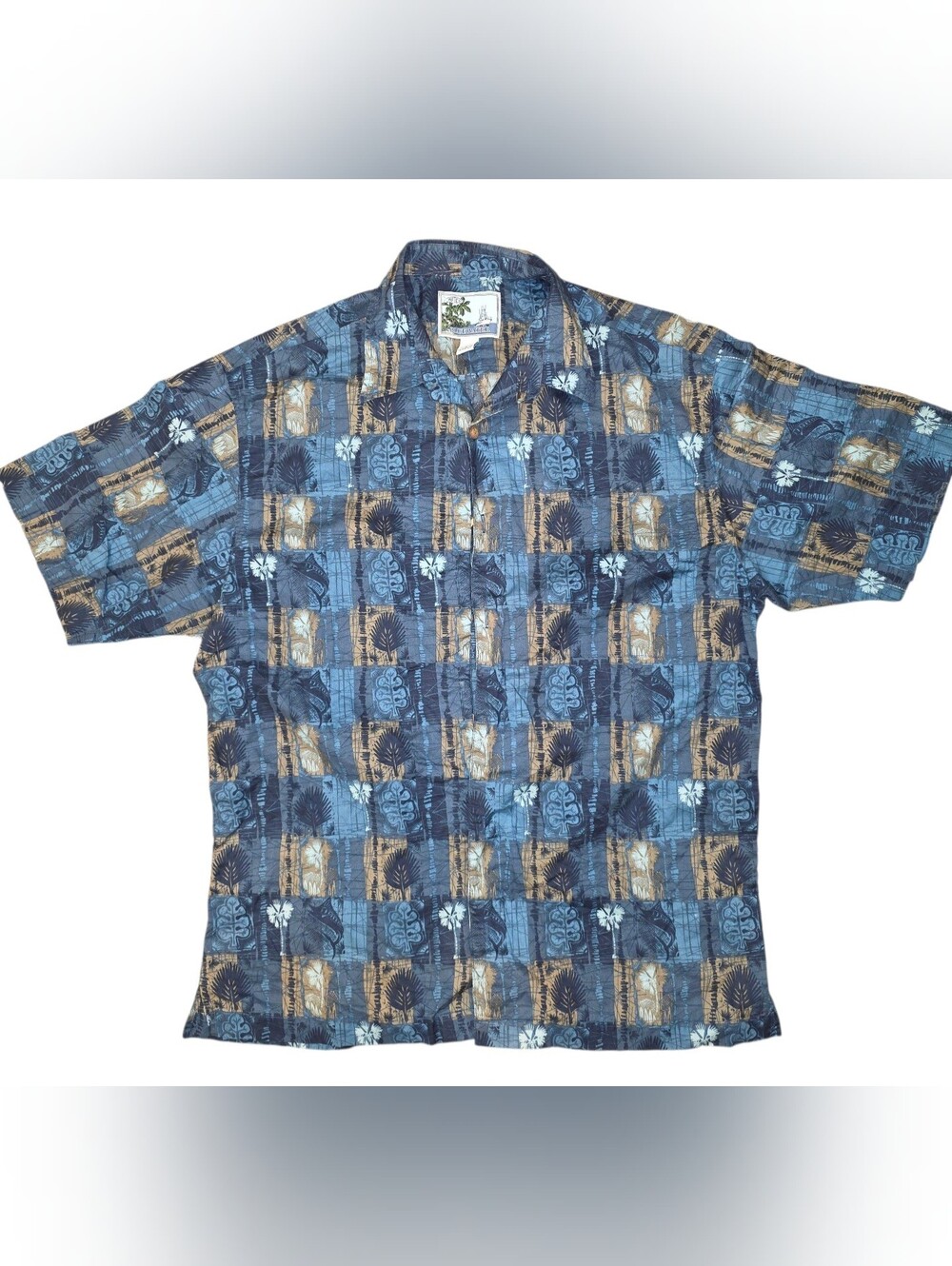 AFTCO Vintage Bluewater Blue/Brown Geometric Cotton Woven Short Sleeve Button L